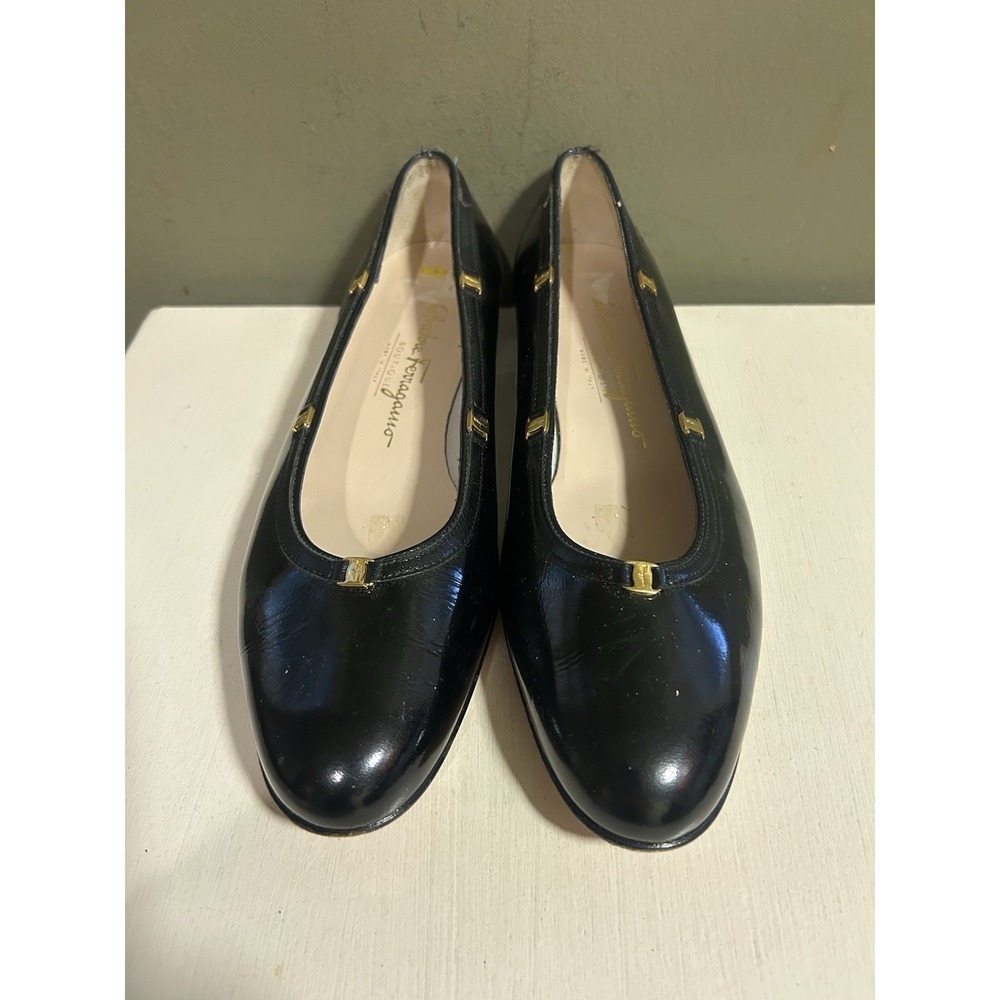 Vtg Salvatore Ferragamo Black Leather Flats Womens Sz 8.5B Wedding Office Classy